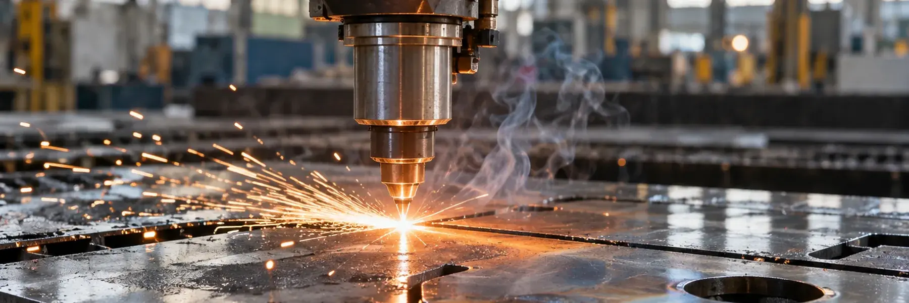 Découpe thermique d'une forte tôle d'acier : la buse de la tête de coupe projette une gerbe d'étincelles et un filet de fumée ; contours et trou déjà découpés dans la plaque.