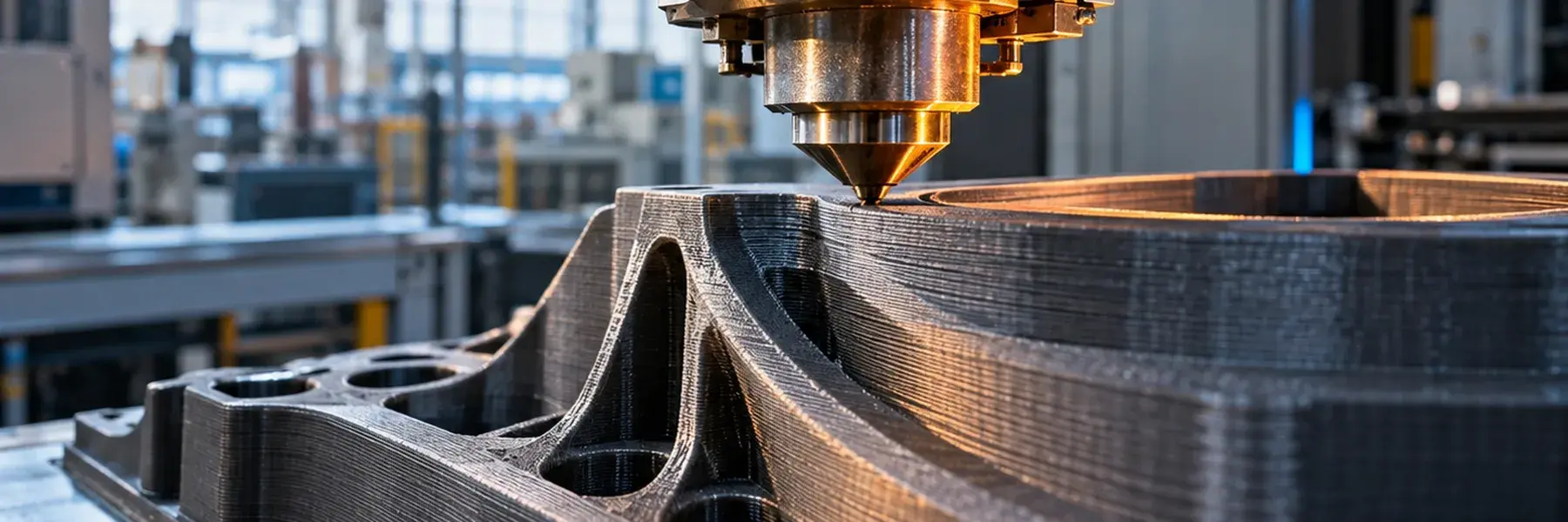 Fabrication additive grand format : la buse d'une tête de dépôt trace, couche après couche, une grande pièce sombre nervurée et percée dont les strates sont bien visibles.