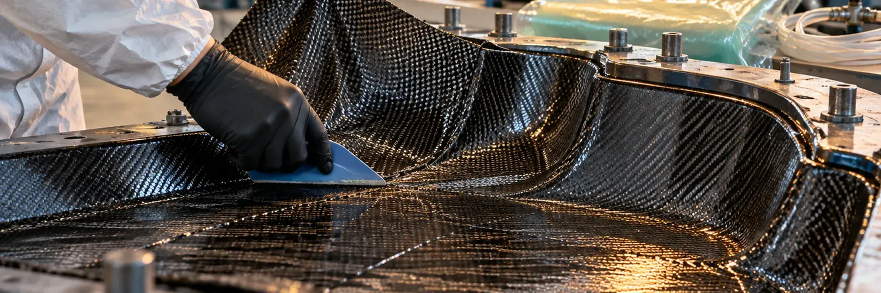 Drapage de tissu de fibre de carbone dans un moule métallique : une main en gant nitrile noir lisse les plis avec une spatule bleue, la manche d'une combinaison blanche visible.