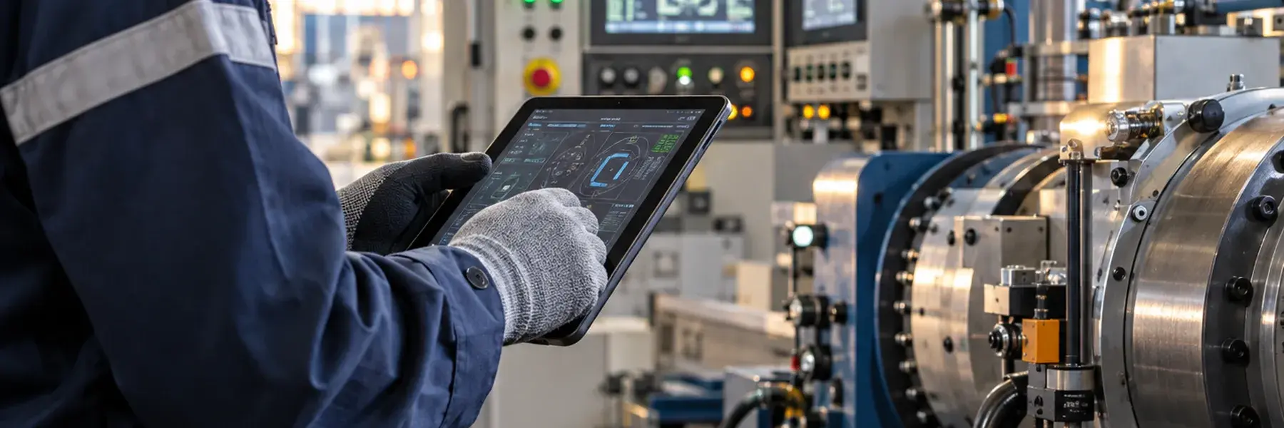 Technicien en tenue de travail et gants gris consultant une tablette devant une machine industrielle ; pupitre de commande à voyants et arrêt d'urgence en arrière-plan.
