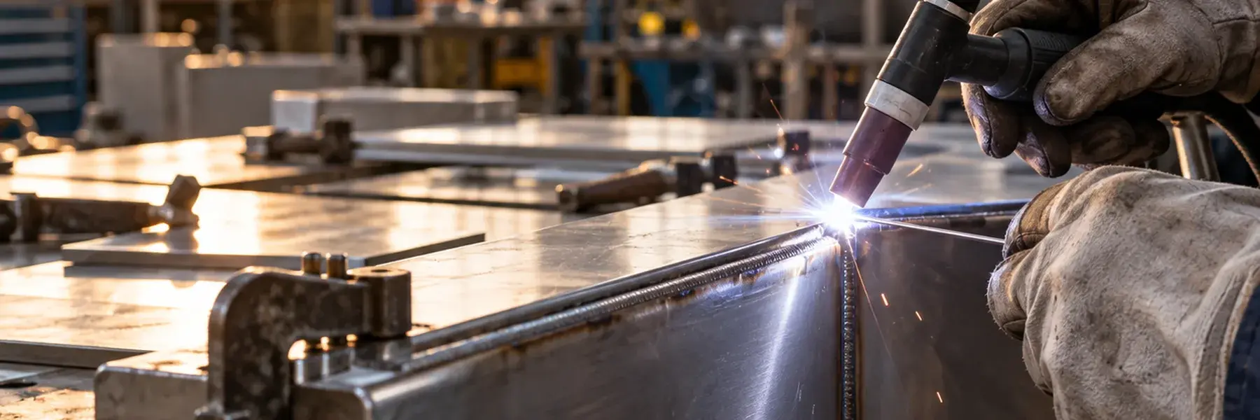 Soudage TIG de l'angle d'un caisson en inox : deux mains en gants de cuir guident la torche et la baguette d'apport le long du cordon ; sauterelles de bridage et tôles sur l'établi.