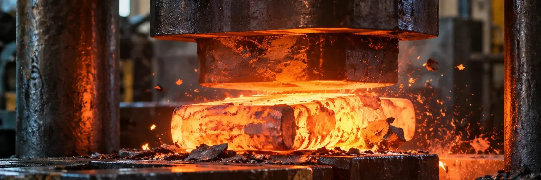 Lopin d'acier porté au rouge écrasé entre les tas plats d'une presse de forge, entre ses colonnes ; des écailles de calamine incandescentes sont projetées autour.