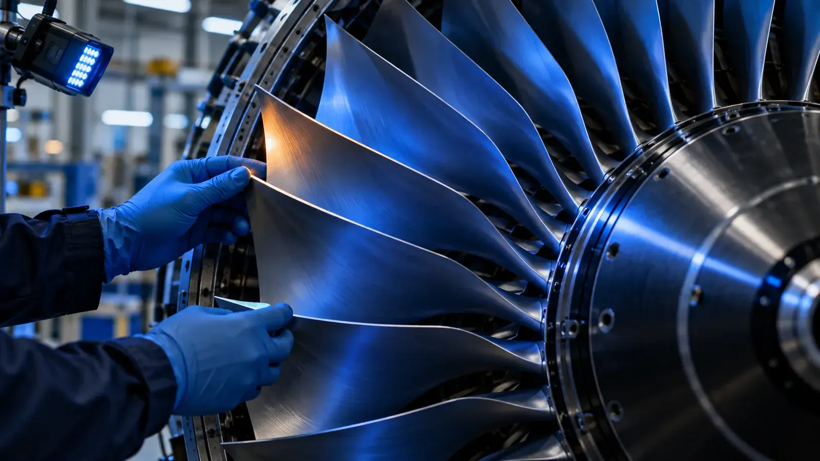 Mains en gants nitrile bleus inspectant les aubes de soufflante d'un rotor de turboréacteur, sous la lumière froide d'une lampe d'inspection ; un reflet orangé file sur le bord d'une aube.