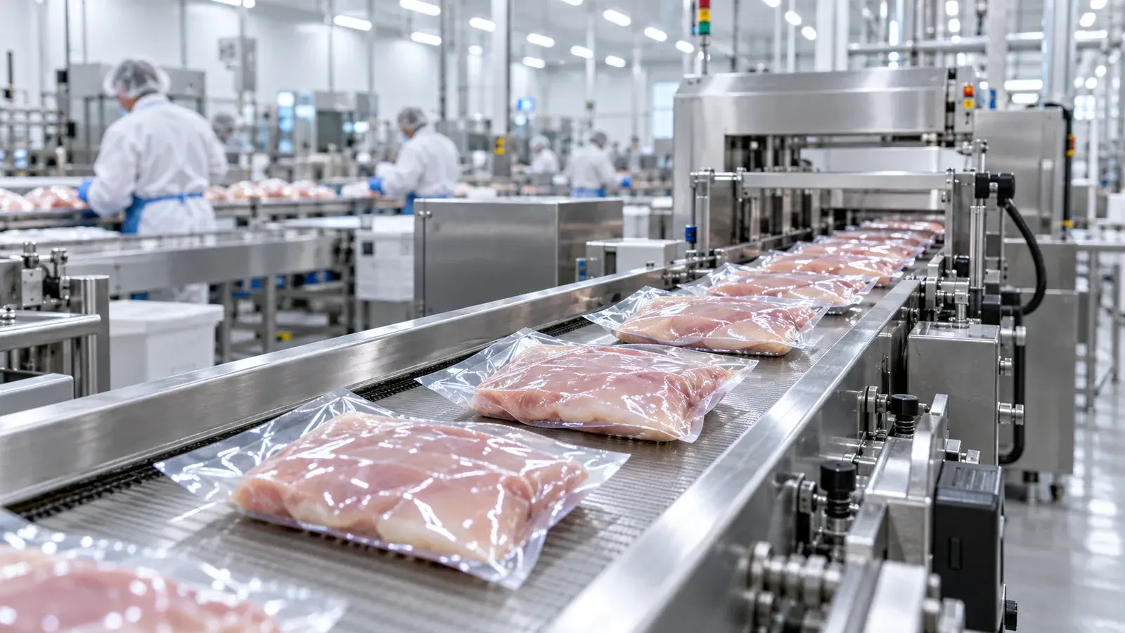 Portions de volaille sous vide avançant en file sur un convoyeur en inox ; opérateurs en blouse blanche et charlotte aux postes de découpe, en arrière-plan d'une salle claire.