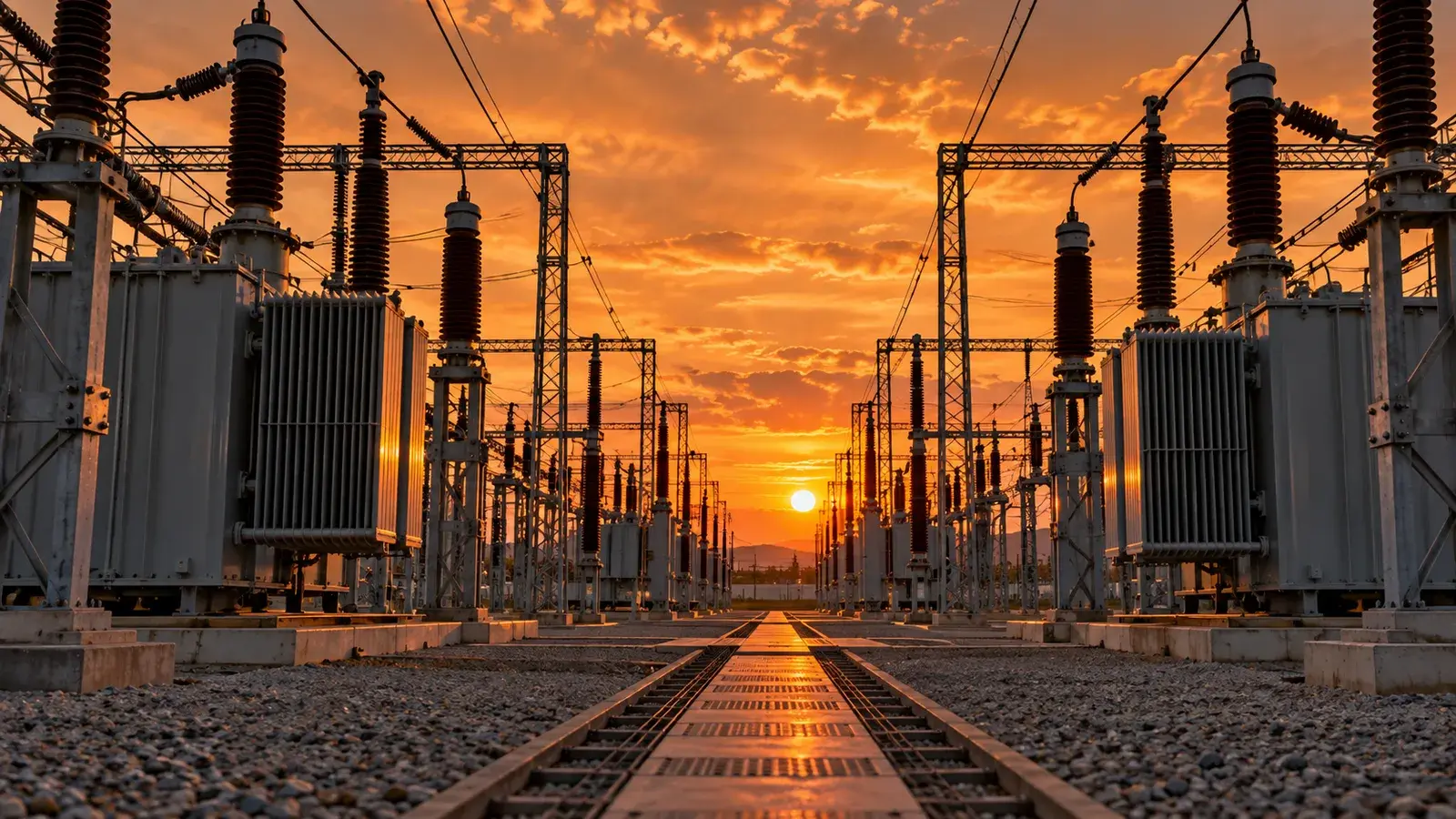 Allée centrale d'un poste électrique haute tension au coucher du soleil : transformateurs, isolateurs et portiques métalliques alignés de part et d'autre sous un ciel orange.