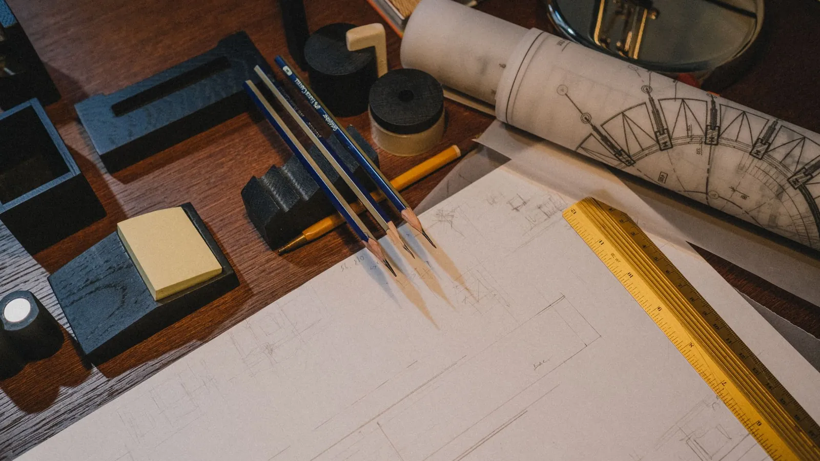 Plans roulés, règle et crayons posés sur une table de dessin