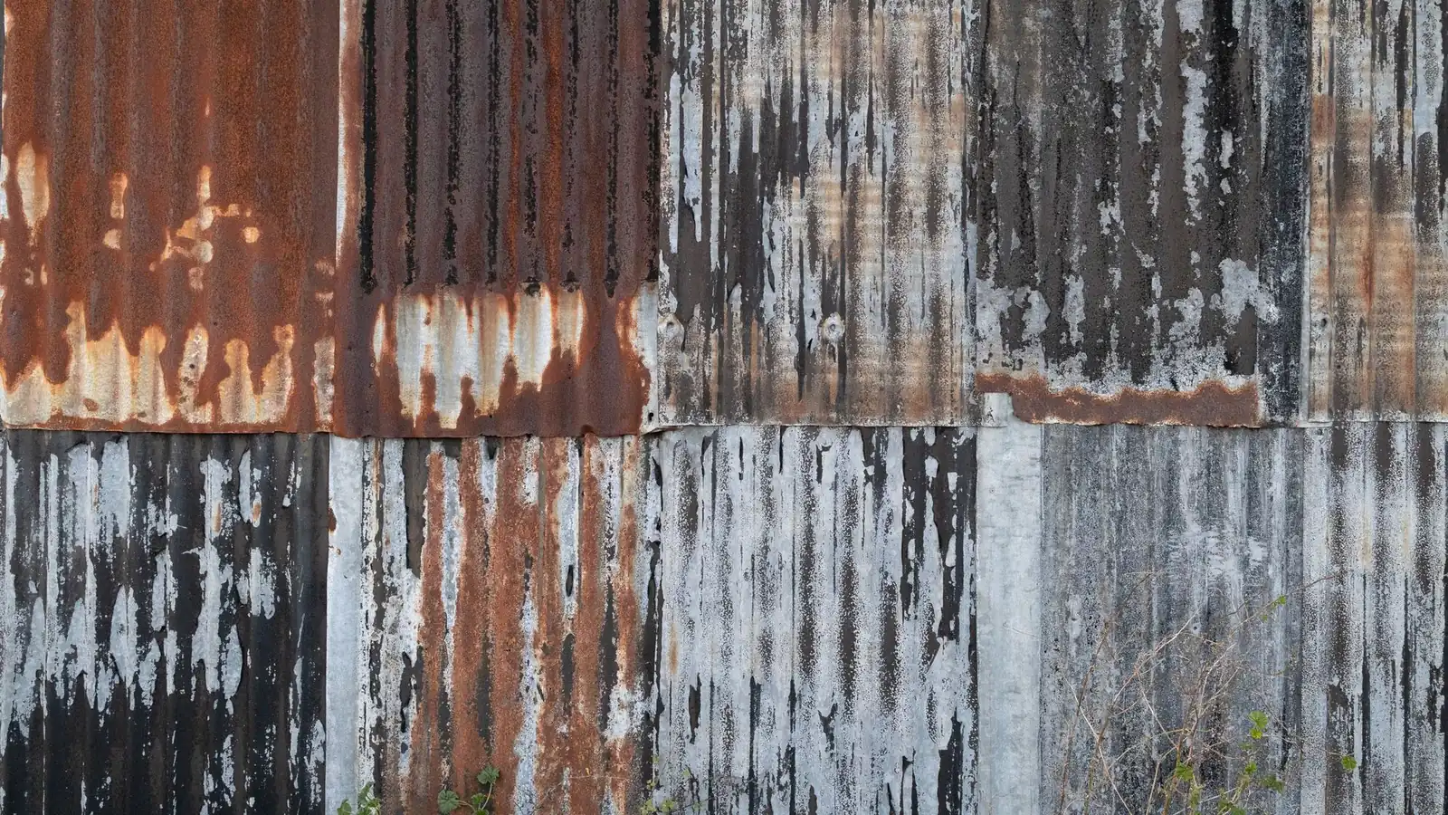 Tôles ondulées galvanisées anciennes, rouillées par endroits là où le zinc s'est consommé