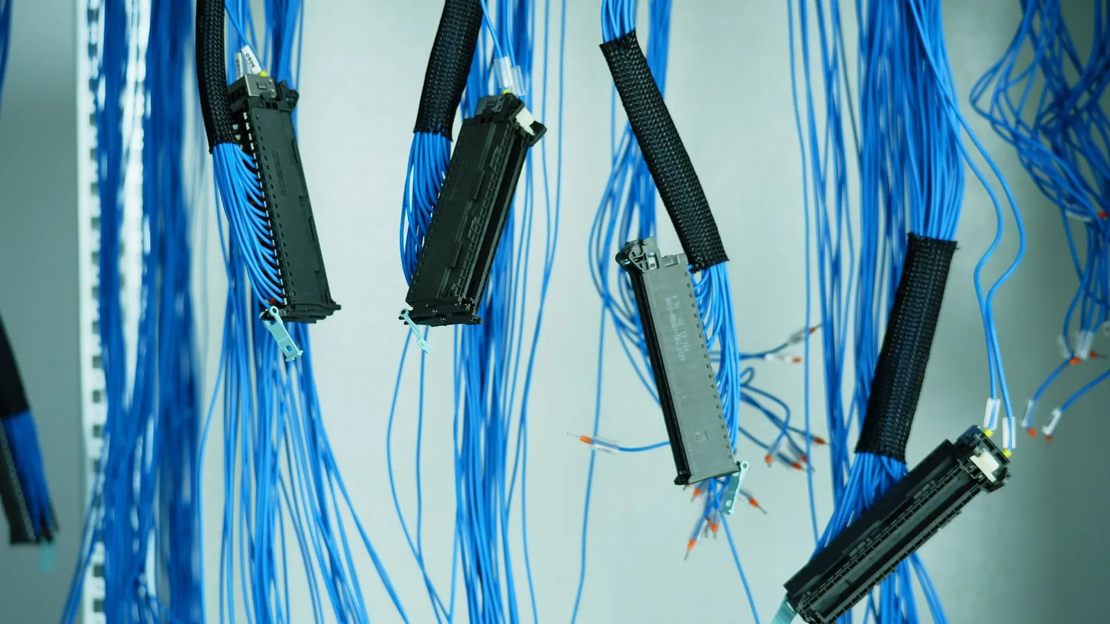 Faisceaux de fils bleus gainés et équipés de connecteurs, suspendus en attente de raccordement