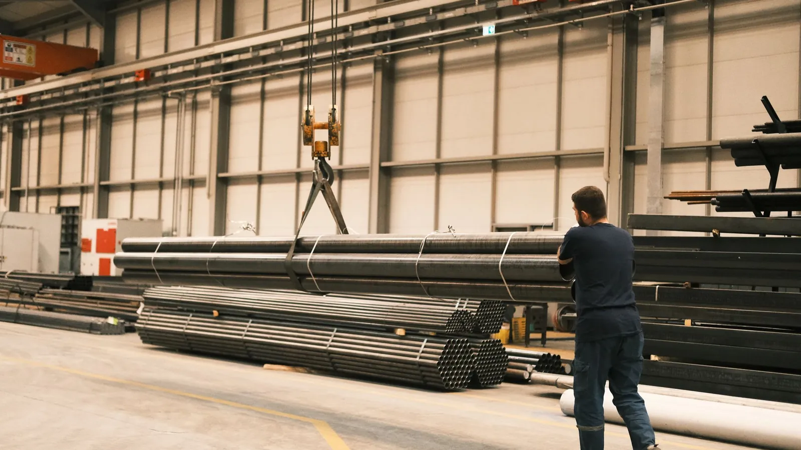 Tubes en acier déplacés au pont roulant dans un entrepôt de distribution de métaux