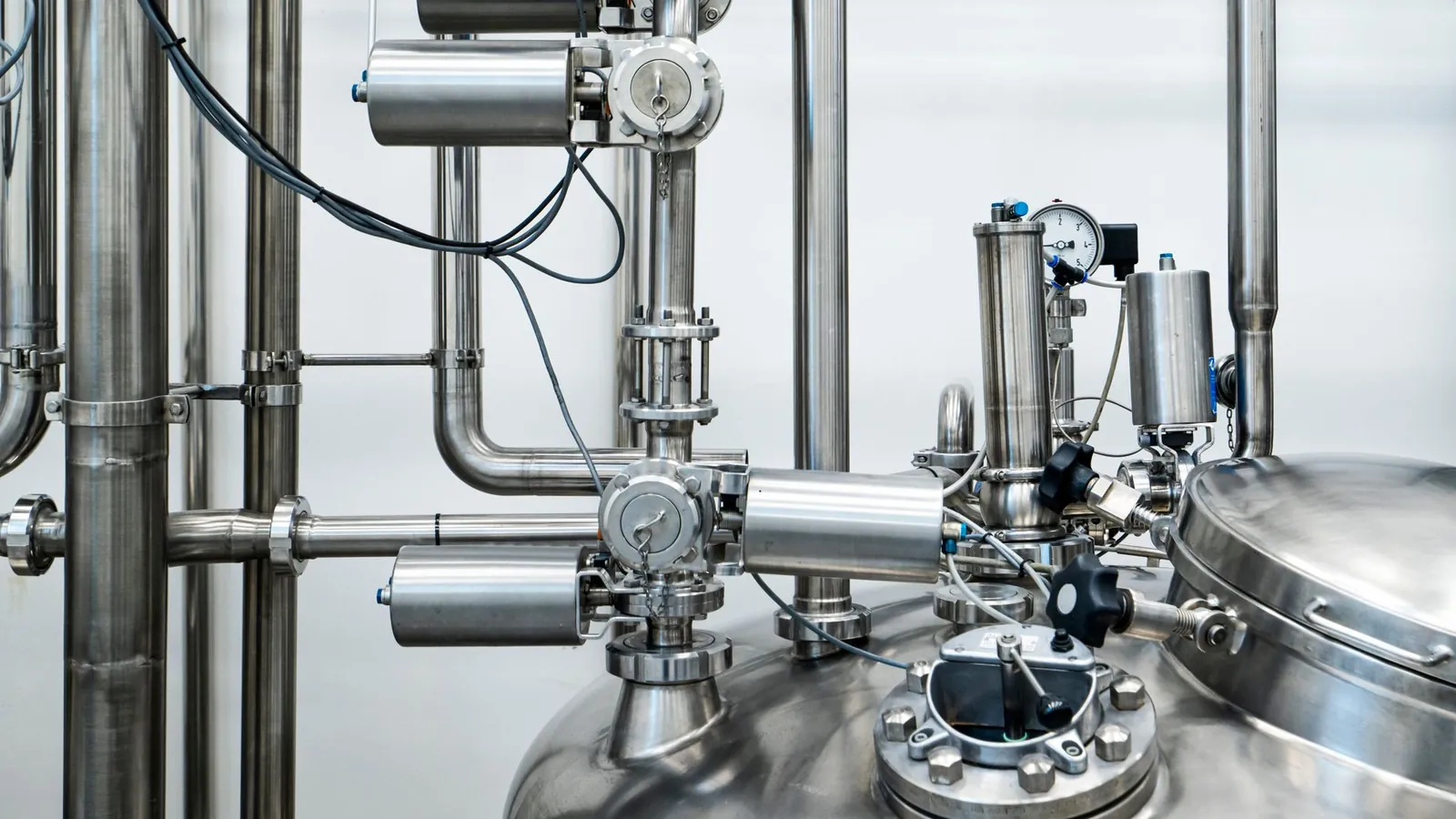 Tuyauteries, vannes et cuve en acier inoxydable poli d'une installation de process