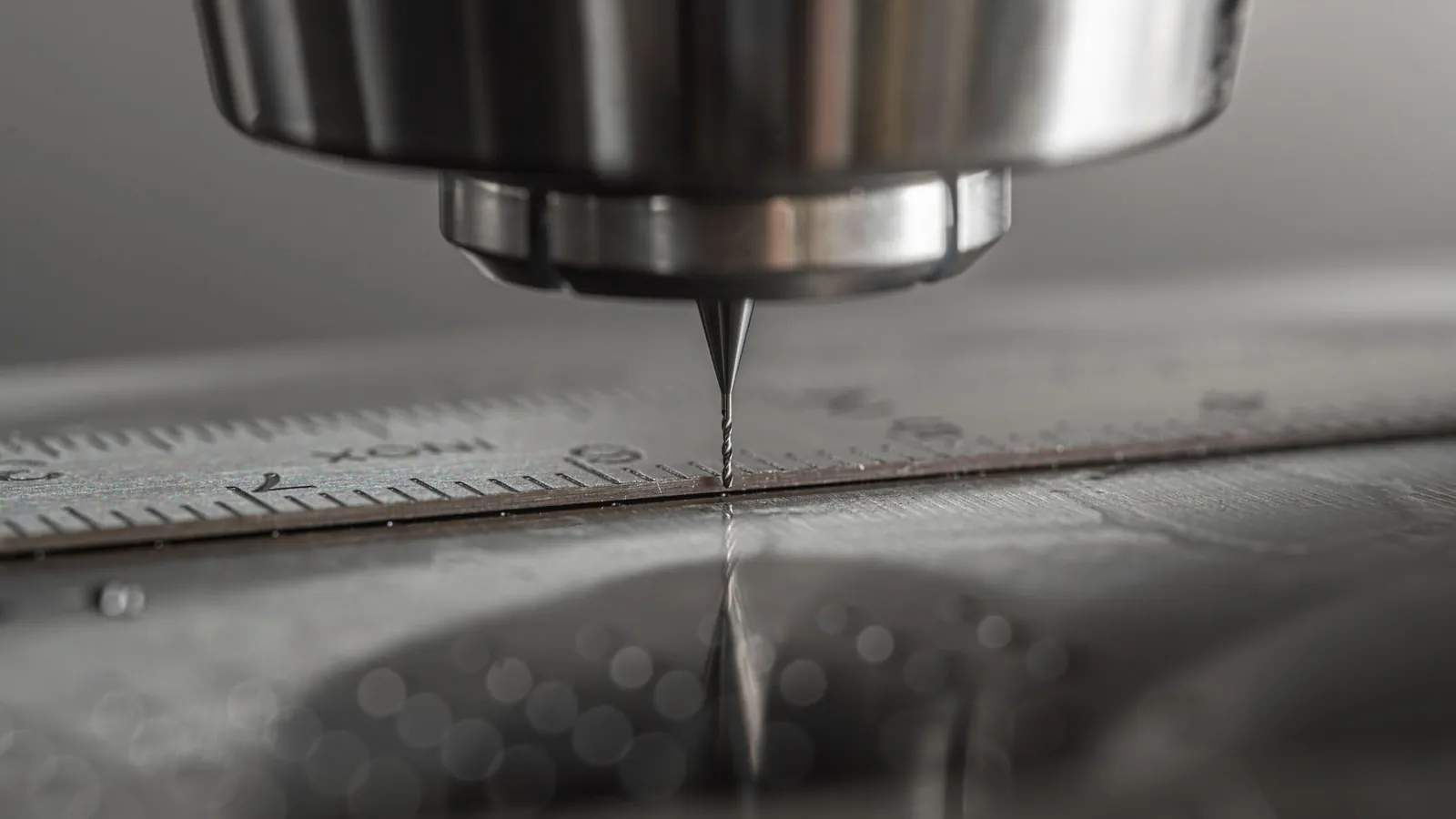 Micro-fraise montée dans la broche d'une machine à commande numérique, gravant une plaque d'acier