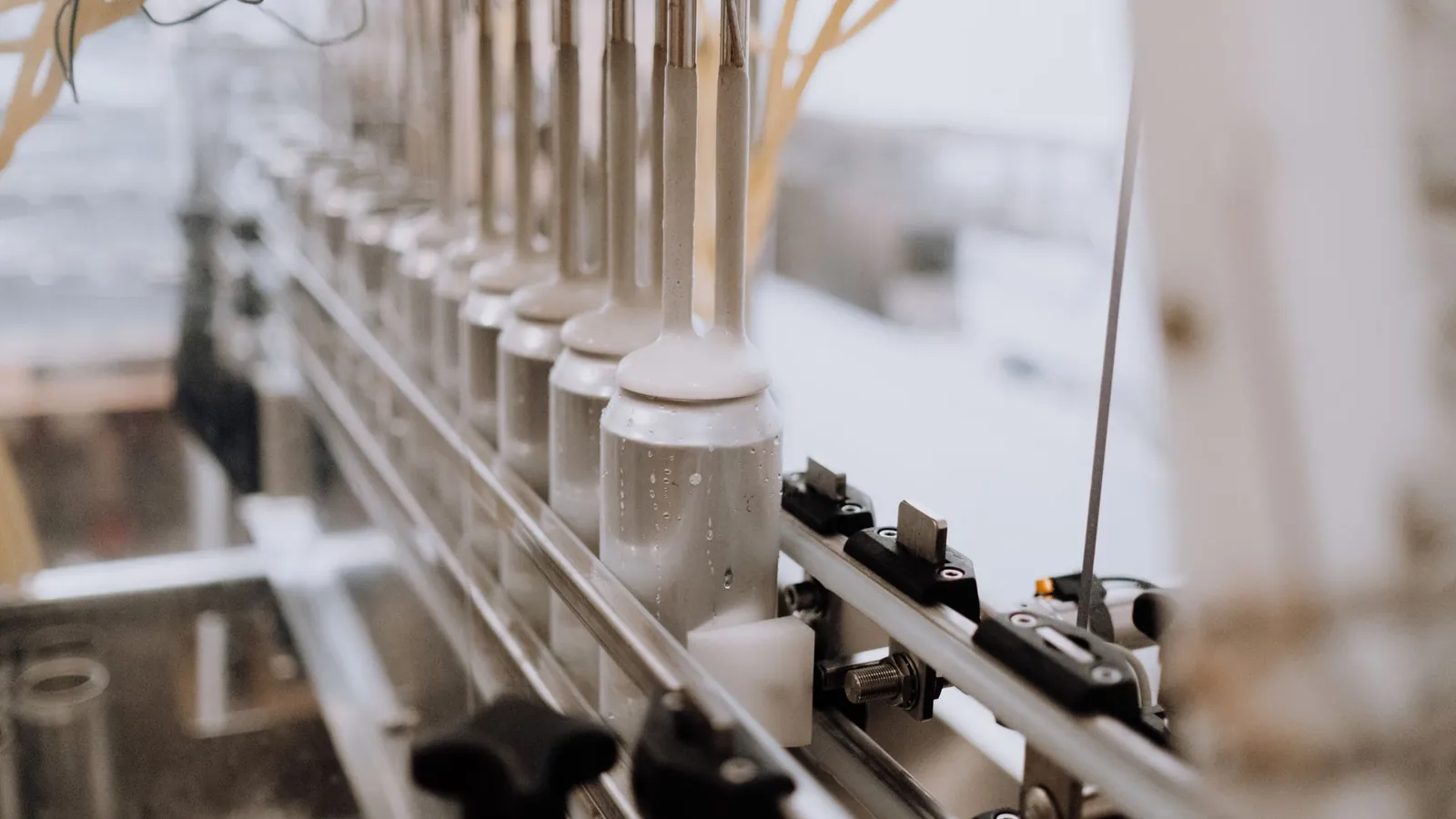 Rangée de têtes de remplissage en inox au-dessus d'un convoyeur de conditionnement automatique