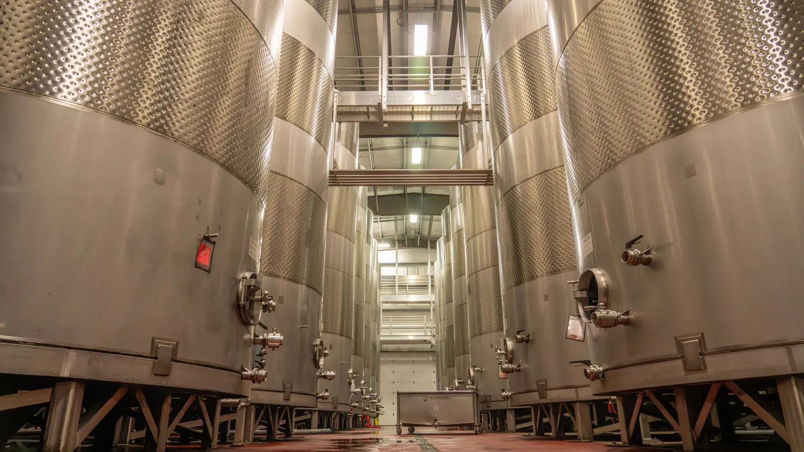Allée de grandes cuves en inox à double enveloppe alignées dans un hall de production