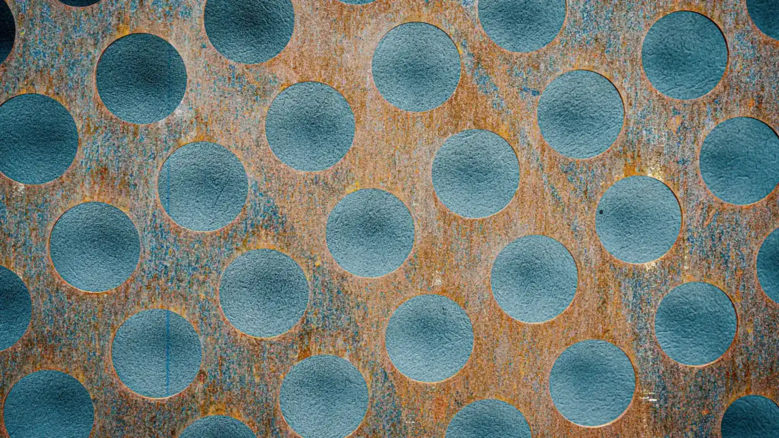 Tôle d'acier oxydée percée de trous ronds de grand diamètre disposés en quinconce