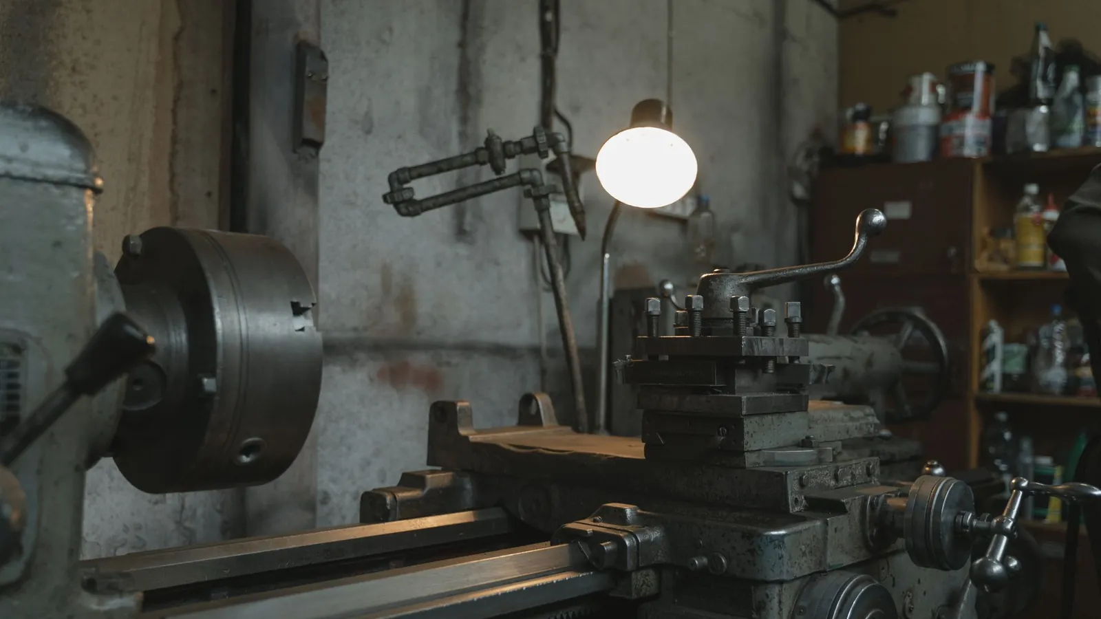 Tour parallèle avec son mandrin, son chariot et sa tourelle porte-outil dans un atelier éclairé par une lampe